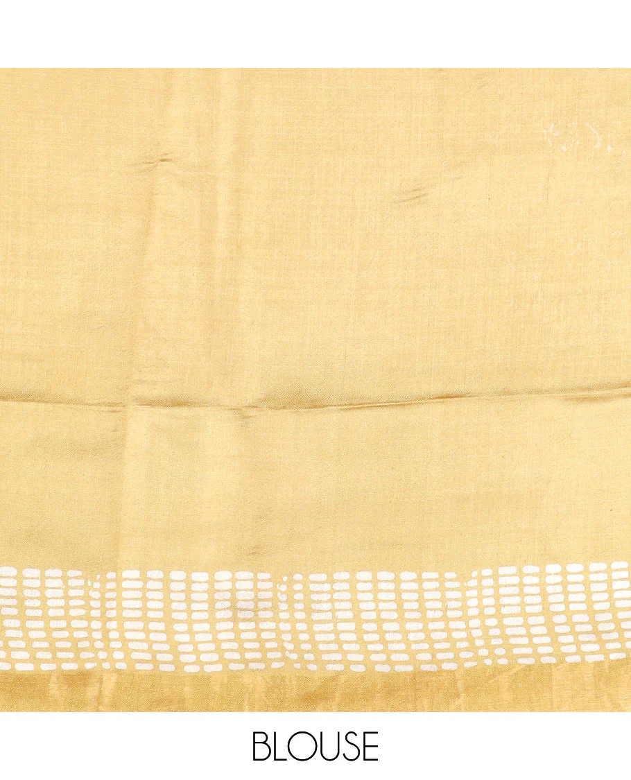 Yellow floral and geometric printed banana pith saree, zari border, and printed pallu - Image 5