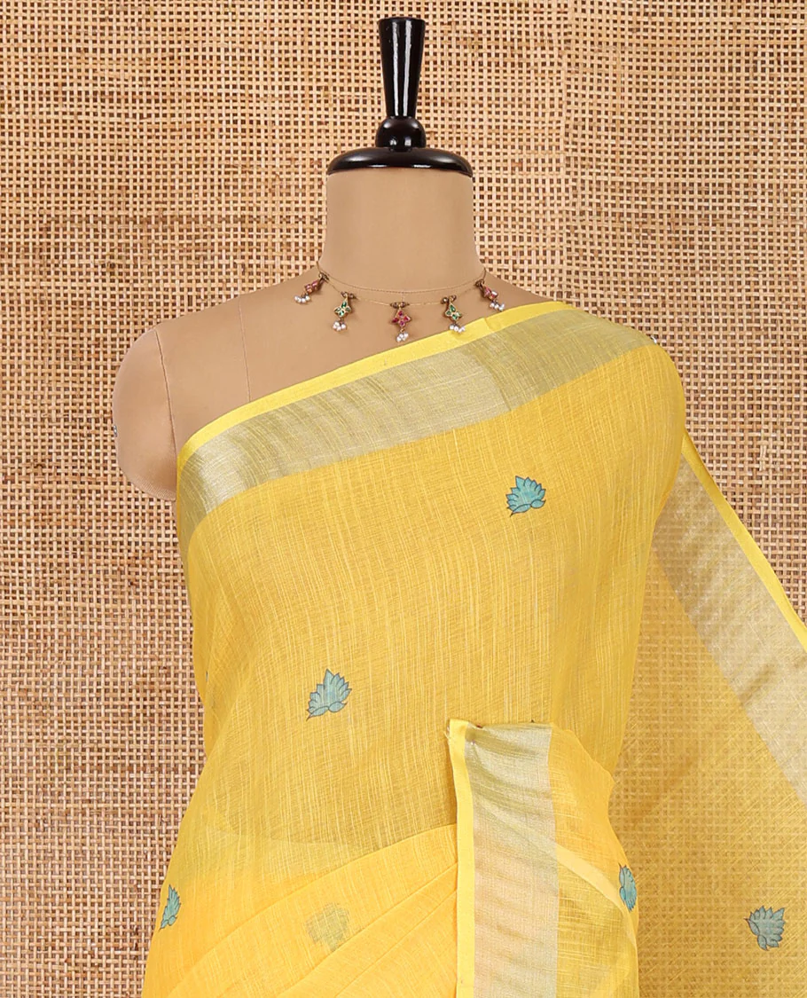 Yellow floral buttas printed linen cotton saree, zari border, contrast kalamkari floral vine printed pallu, and kalamkari floral vine printed blouse - Image 2