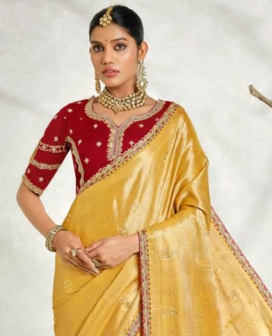 Yellow floral embossed & stonework designer saree, traditional design & lace work scallop border & intricate stonework pallu - Image 2