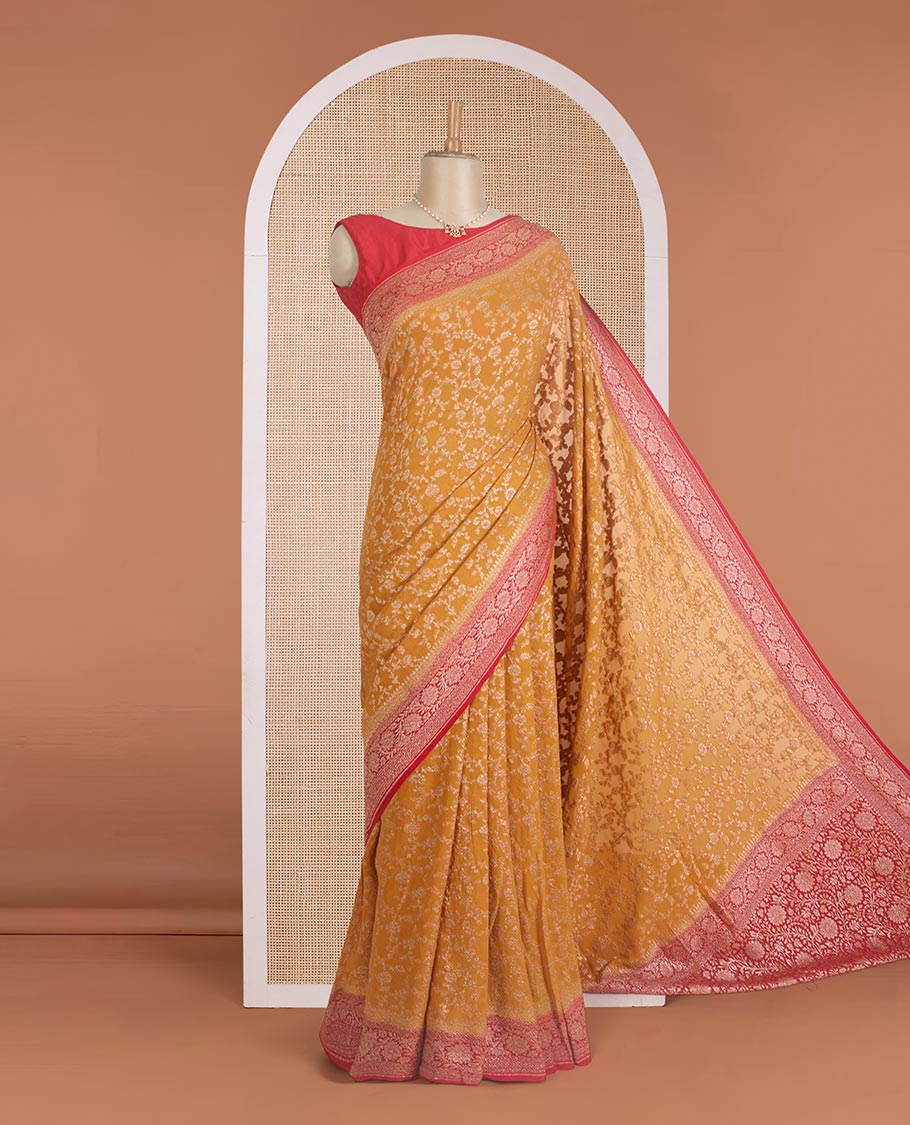 Yellow floral jaal jacquard banarasi georgette saree, contrast floral creeper zari border, and pallu of floral jaal design - Image 2