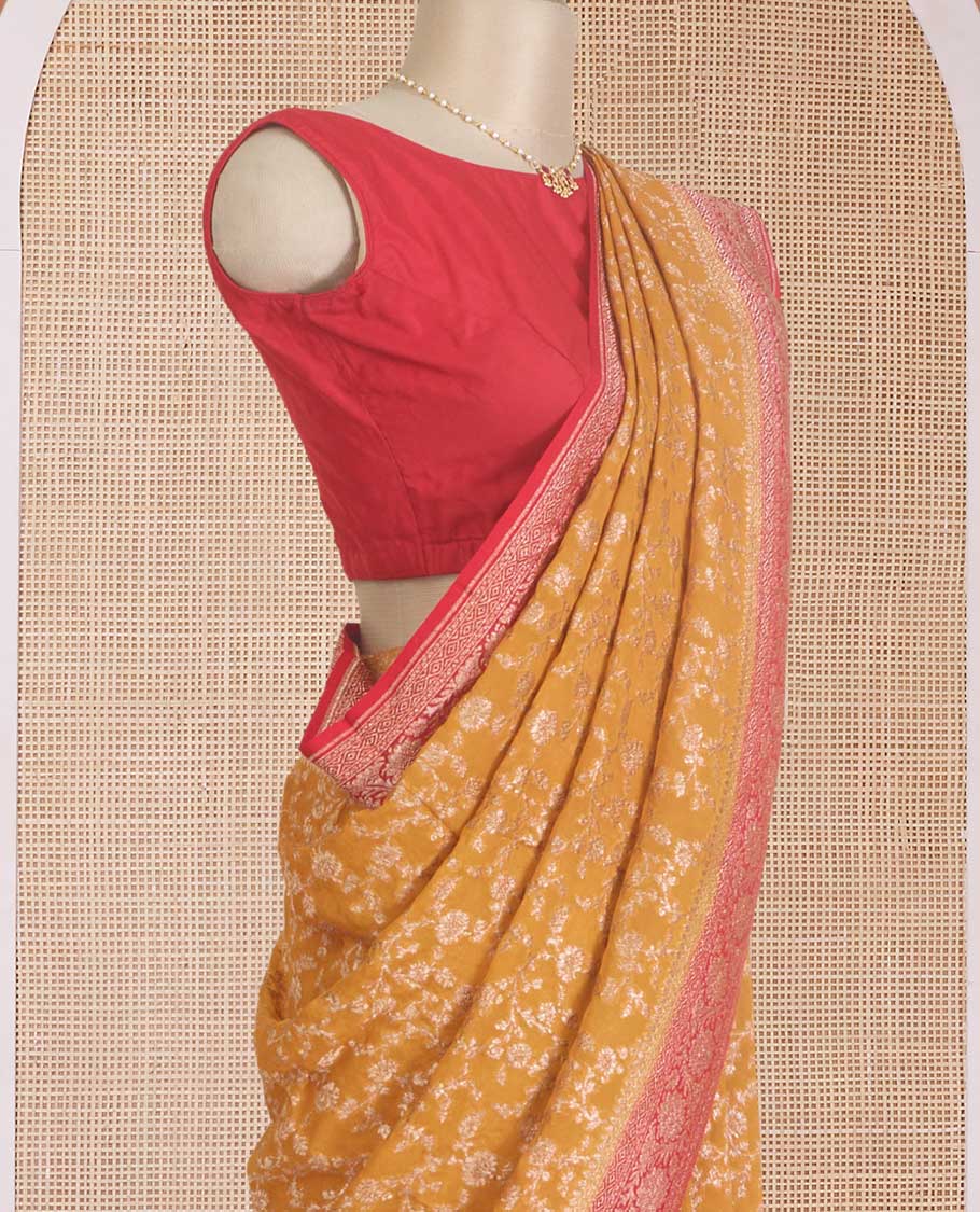 Yellow floral jaal jacquard banarasi georgette saree, contrast floral creeper zari border, and pallu of floral jaal design - Image 3