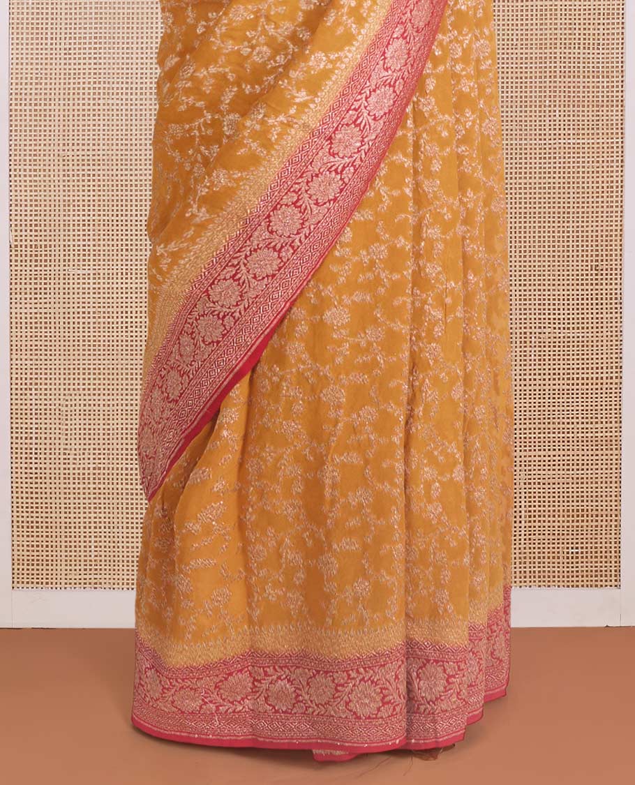 Yellow floral jaal jacquard banarasi georgette saree, contrast floral creeper zari border, and pallu of floral jaal design - Image 4