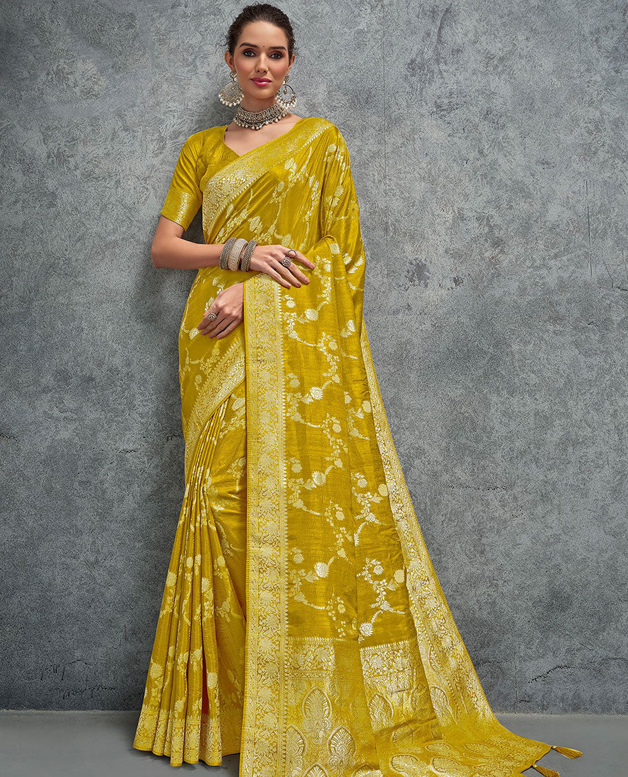 Yellow floral jaal jacquard designer saree, floral creeper design border, and intricately woven pallu