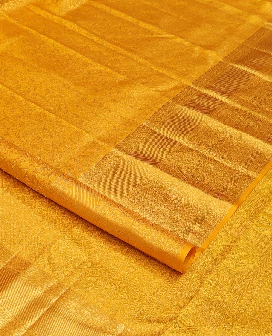 Yellow floral jaal jacquard wedding silk saree, traditional zari design border, and jaal design pallu - Image 2