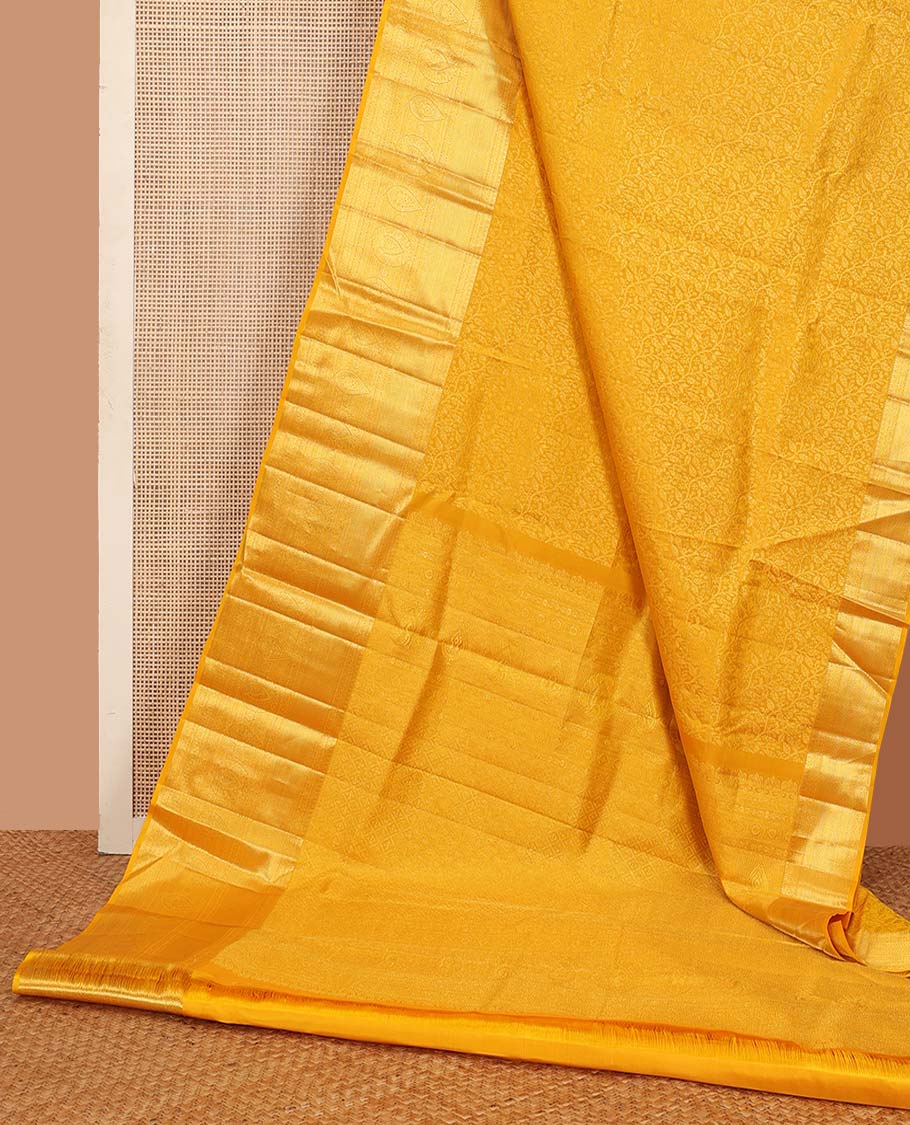 Yellow floral jaal jacquard wedding silk saree, traditional zari design border, and jaal design pallu - Image 3