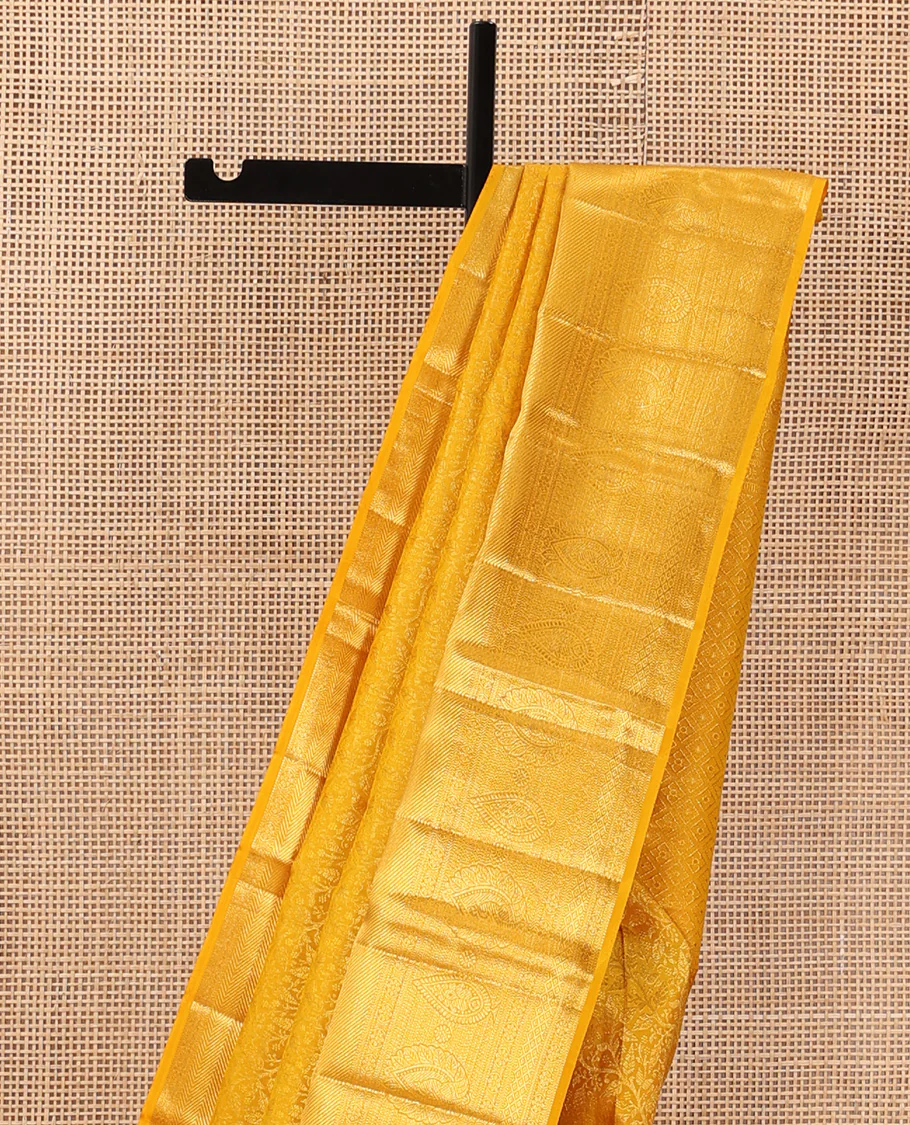 Yellow floral jaal jacquard wedding silk saree, traditional zari design border, and jaal design pallu - Image 4