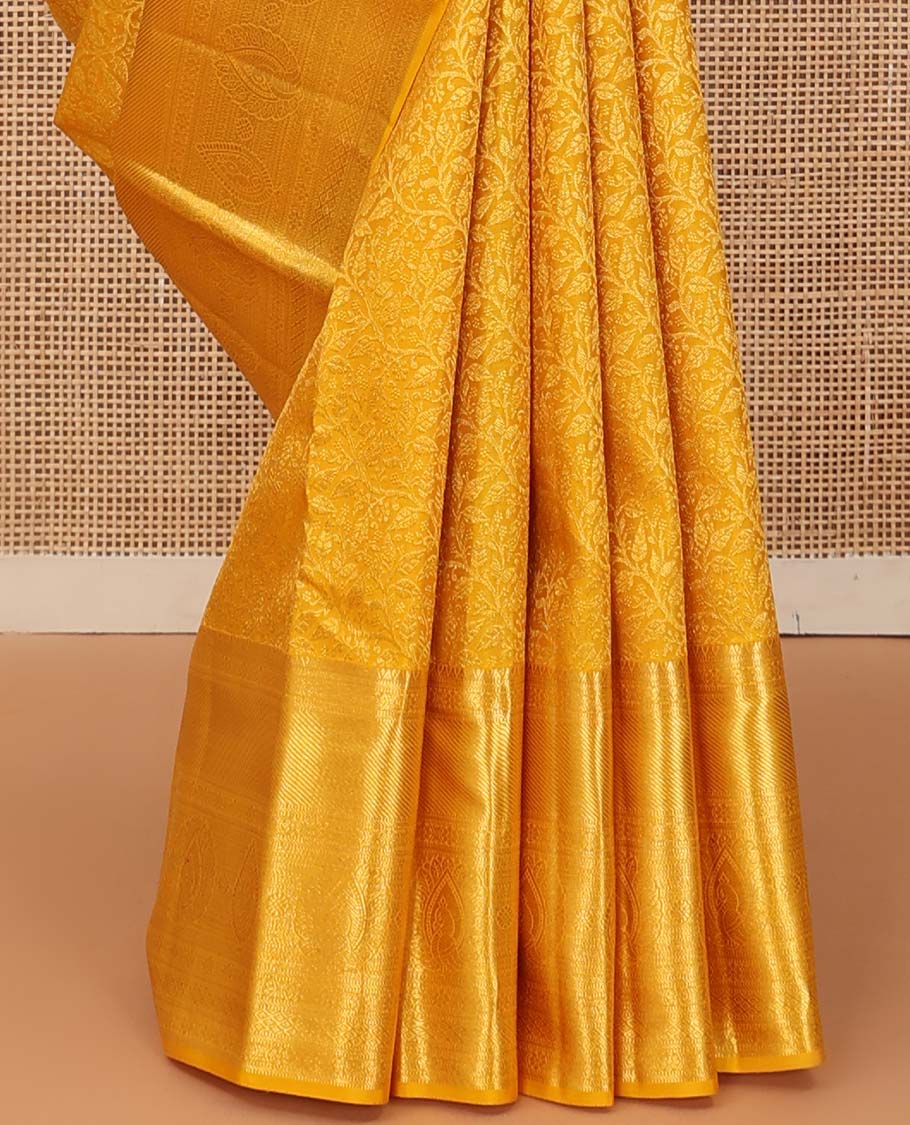 Yellow floral jaal jacquard wedding silk saree, traditional zari design border, and jaal design pallu - Image 5