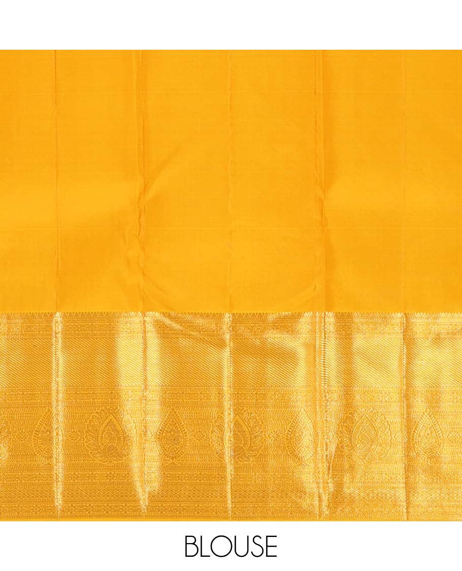 Yellow floral jaal jacquard wedding silk saree, traditional zari design border, and jaal design pallu - Image 6