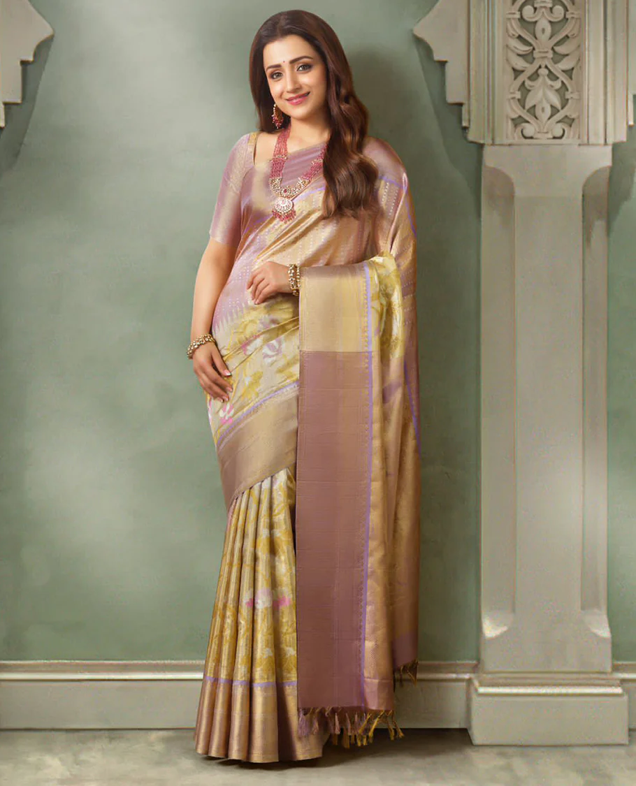 Yellow floral jacquard Samudrika silk saree with contrast tradtiotnal zari design border & floral design pallu