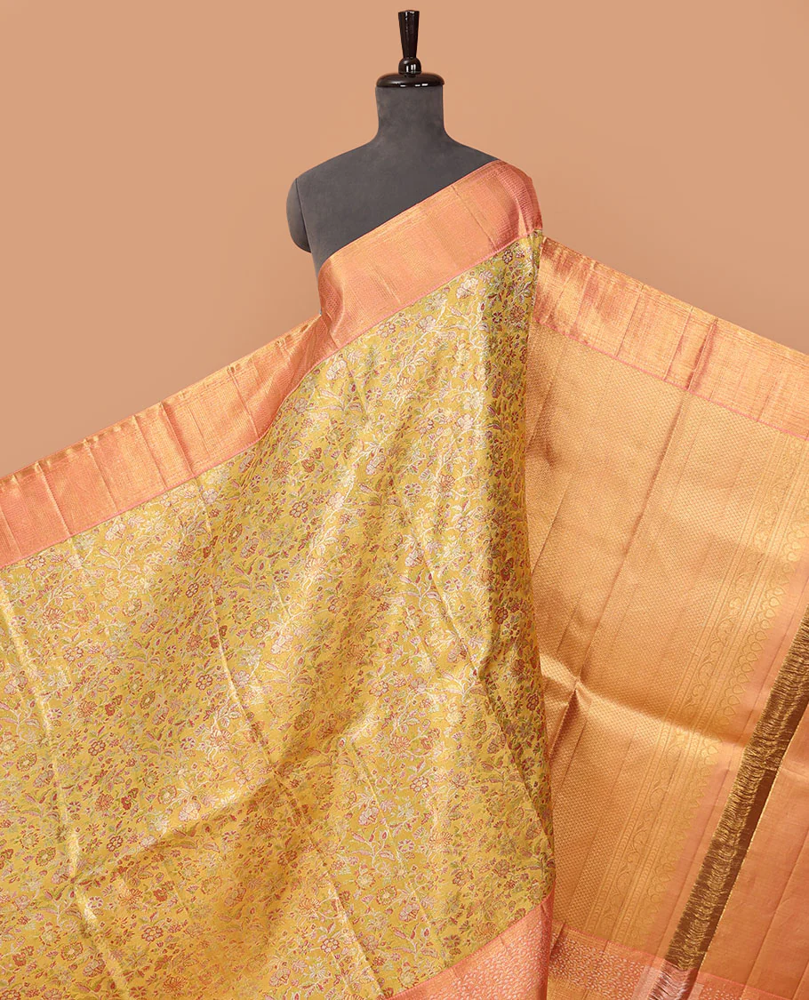 Yellow floral meenakari jacquard Samudrika silk saree, contrast border of thilakam mokku,rudraksham,banaras,mayil kann & floral vine & jaal pallu