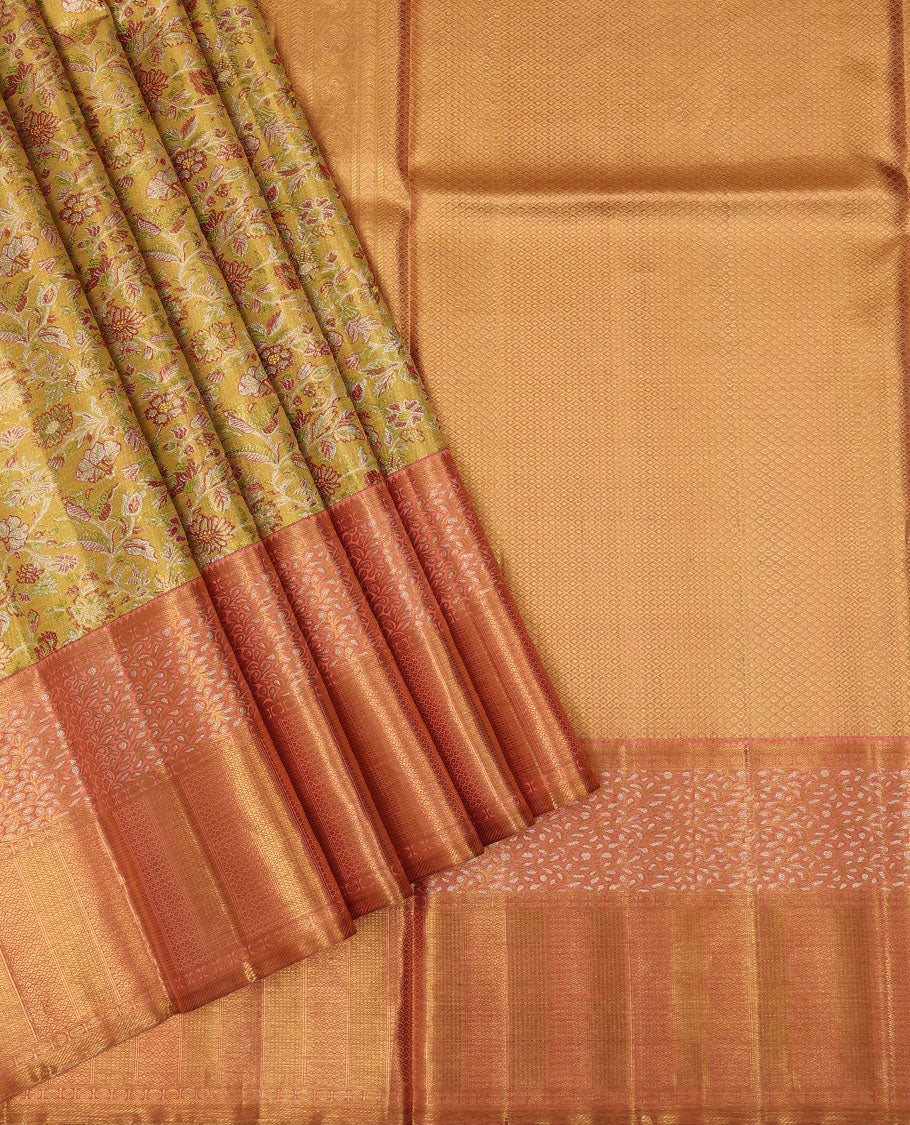 Yellow floral meenakari jacquard Samudrika silk saree, contrast border of thilakam mokku,rudraksham,banaras,mayil kann & floral vine & jaal pallu - Image 2