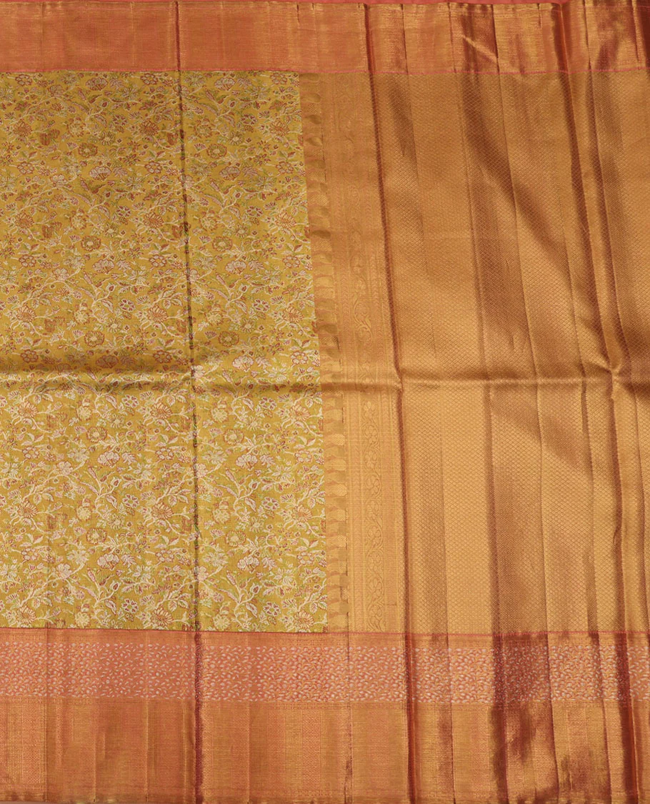 Yellow floral meenakari jacquard Samudrika silk saree, contrast border of thilakam mokku,rudraksham,banaras,mayil kann & floral vine & jaal pallu - Image 3