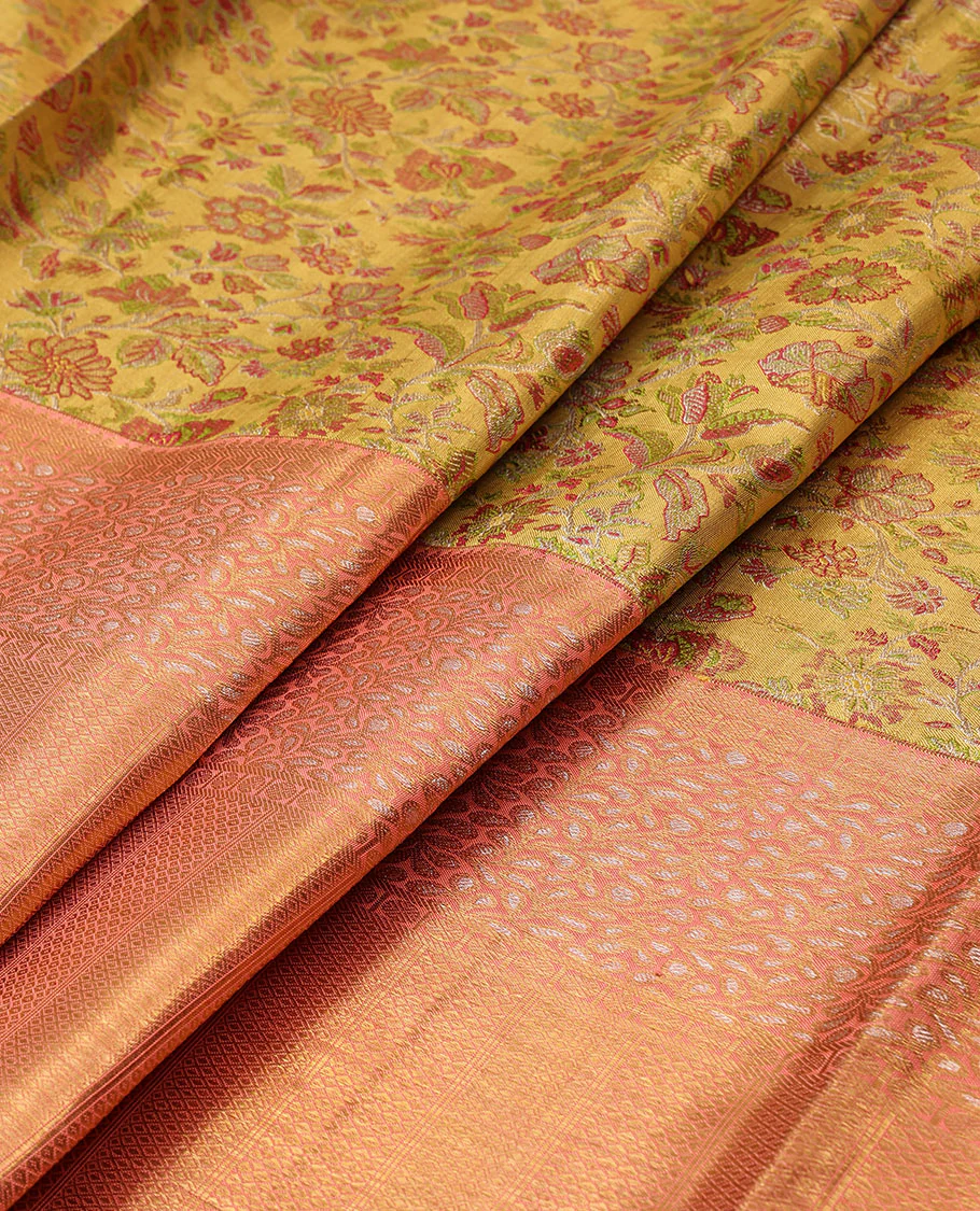 Yellow floral meenakari jacquard Samudrika silk saree, contrast border of thilakam mokku,rudraksham,banaras,mayil kann & floral vine & jaal pallu - Image 4