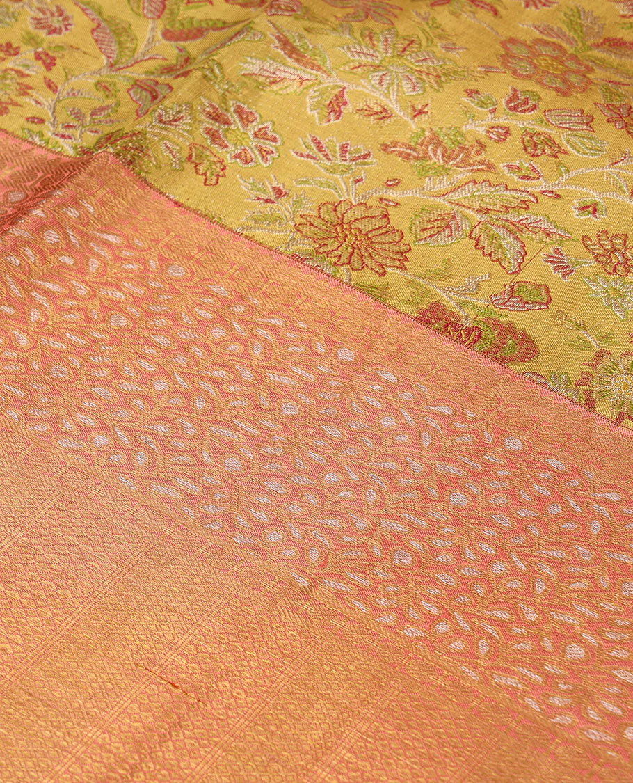 Yellow floral meenakari jacquard Samudrika silk saree, contrast border of thilakam mokku,rudraksham,banaras,mayil kann & floral vine & jaal pallu - Image 5