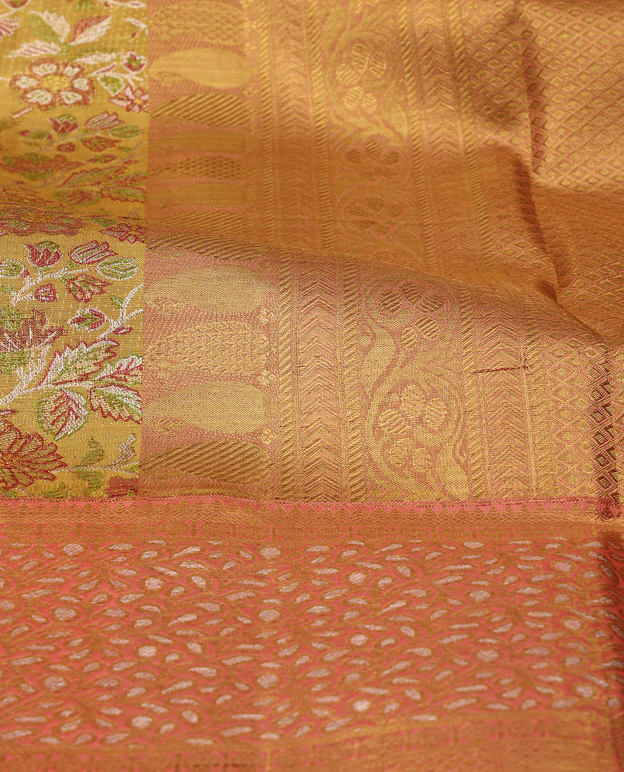 Yellow floral meenakari jacquard Samudrika silk saree, contrast border of thilakam mokku,rudraksham,banaras,mayil kann & floral vine & jaal pallu - Image 6