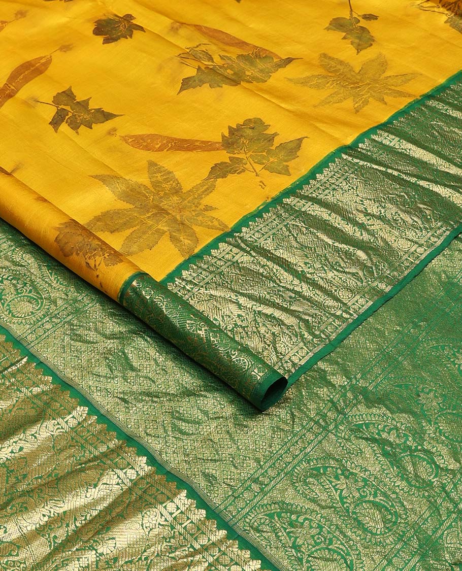 Yellow floral printed silks saree, contrast zari border of rudraksham, banaras, mayil, yaanai, and yaali designs, and jaal pallu - Image 2