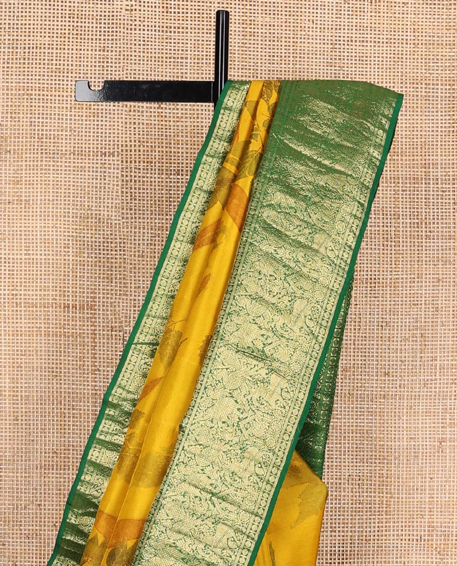 Yellow floral printed silks saree, contrast zari border of rudraksham, banaras, mayil, yaanai, and yaali designs, and jaal pallu - Image 4