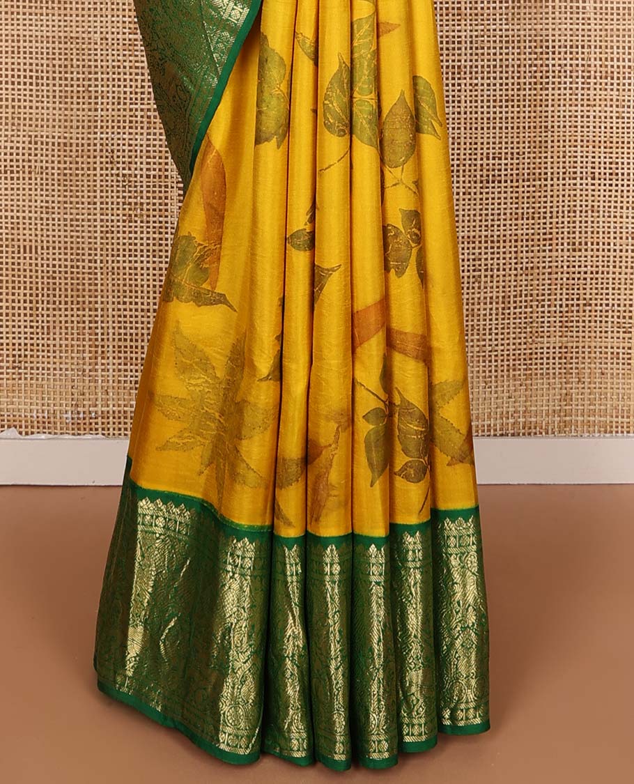 Yellow floral printed silks saree, contrast zari border of rudraksham, banaras, mayil, yaanai, and yaali designs, and jaal pallu - Image 5
