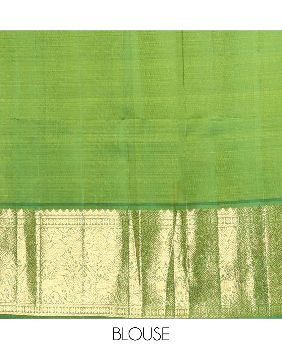 Yellow floral printed silks saree, contrast zari border of rudraksham, banaras, mayil, yaanai, and yaali designs, and jaal pallu - Image 6