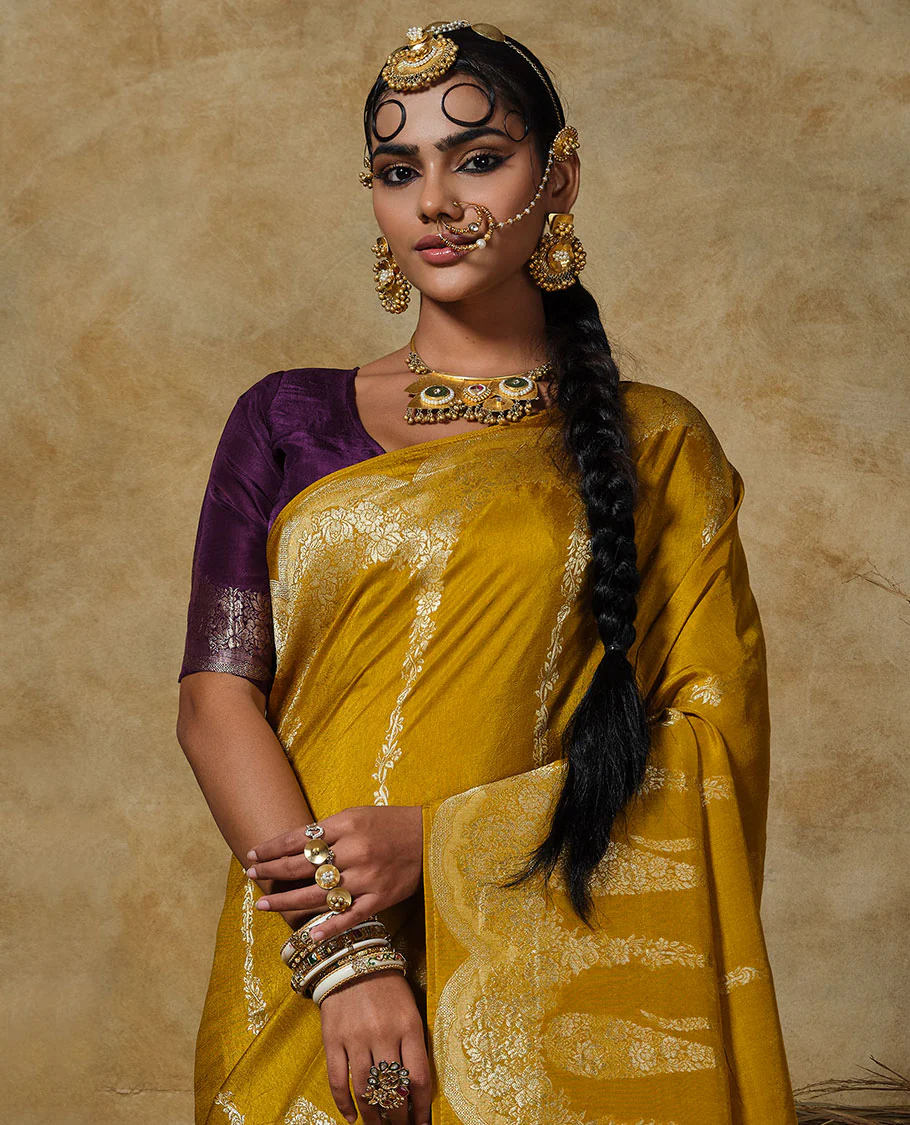 Yellow floral vertical striped designer saree, scallop floral and big paisley design border, and zari woven pallu - Image 2