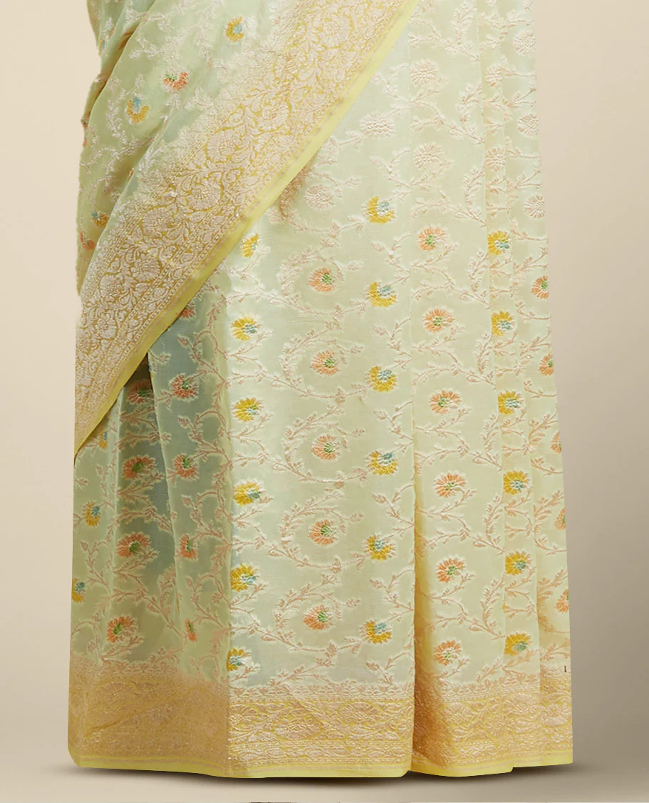Yellow floral vine design banaras georgette saree with contrast inticate zari border - Image 3