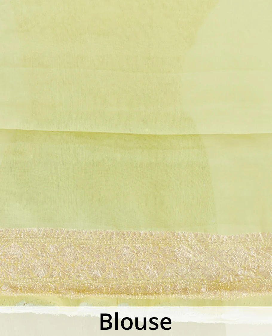 Yellow floral vine design banaras georgette saree with contrast inticate zari border - Image 4
