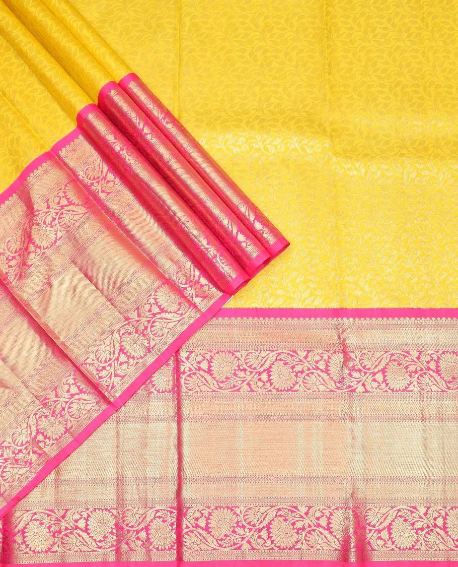 Yellow floral vine design silk half saree with contrast border of thilakam mokku, muthu, kathir, kuyil kann, kodi visiry design, zari design blouse & floral design dhavani - Image 3