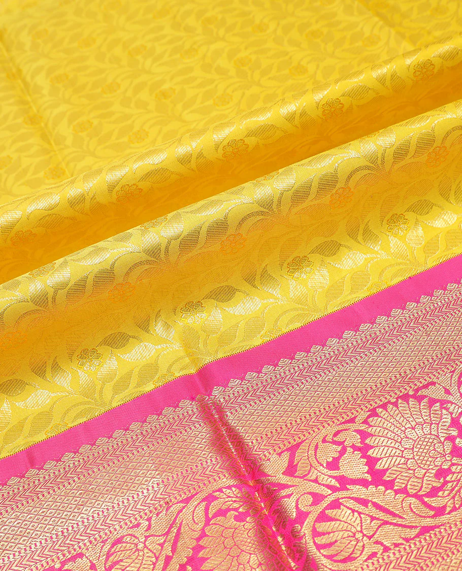 Yellow floral vine design silk half saree with contrast border of thilakam mokku, muthu, kathir, kuyil kann, kodi visiry design, zari design blouse & floral design dhavani - Image 6