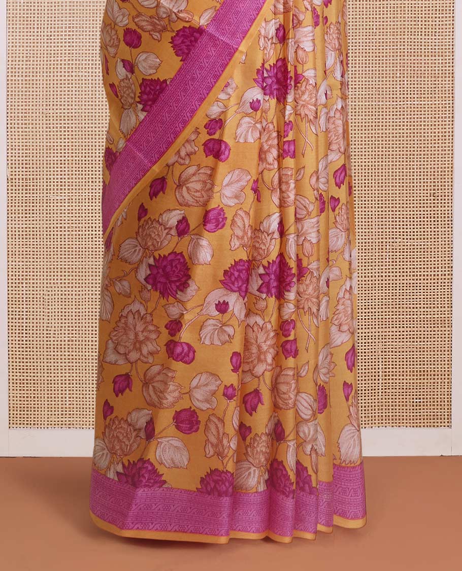 Yellow floral vine printed silk saree, contrast border, and pallu steeped with traditional designs - Image 3