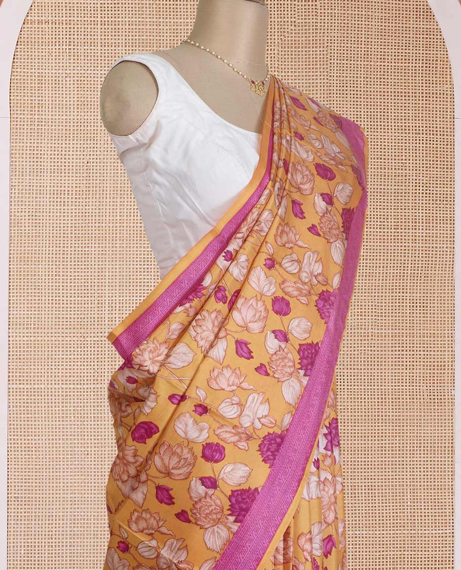 Yellow floral vine printed silk saree, contrast border, and pallu steeped with traditional designs - Image 4