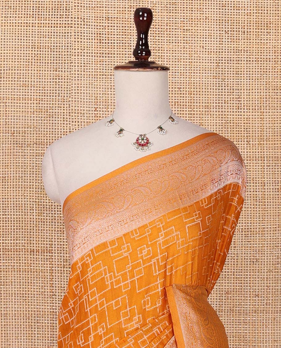 Yellow geometric zari design fancy crepe saree, traditional zari border & intricate pallu - Image 3