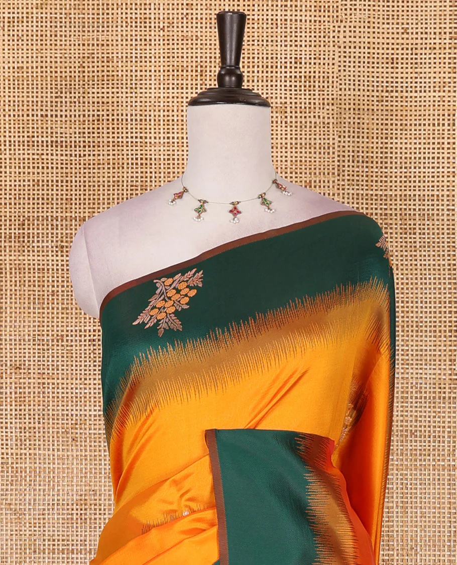 Yellow-green floral buttas elite soft silk saree, contrast floral buttas border, and pallu of Mughal-style intricate zari designs - Image 3