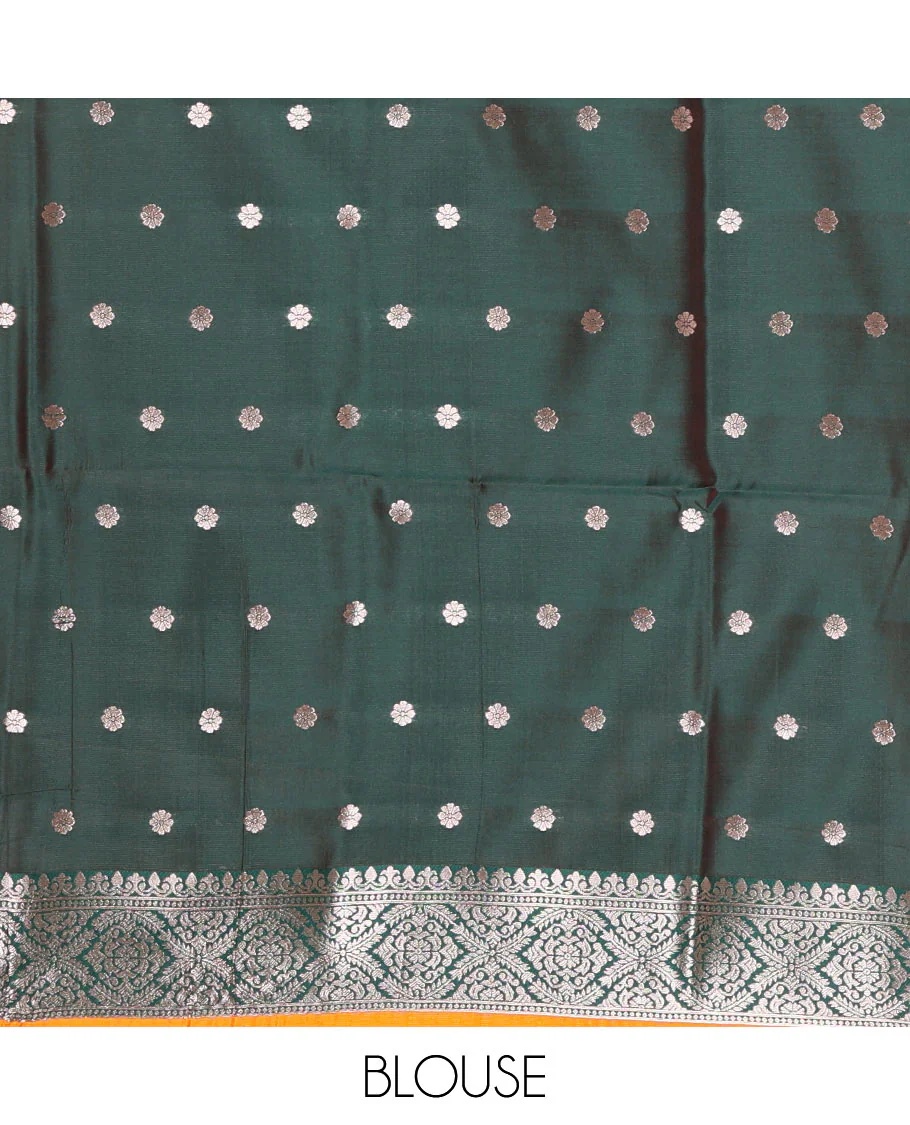 Yellow-green floral buttas elite soft silk saree, contrast floral buttas border, and pallu of Mughal-style intricate zari designs - Image 4