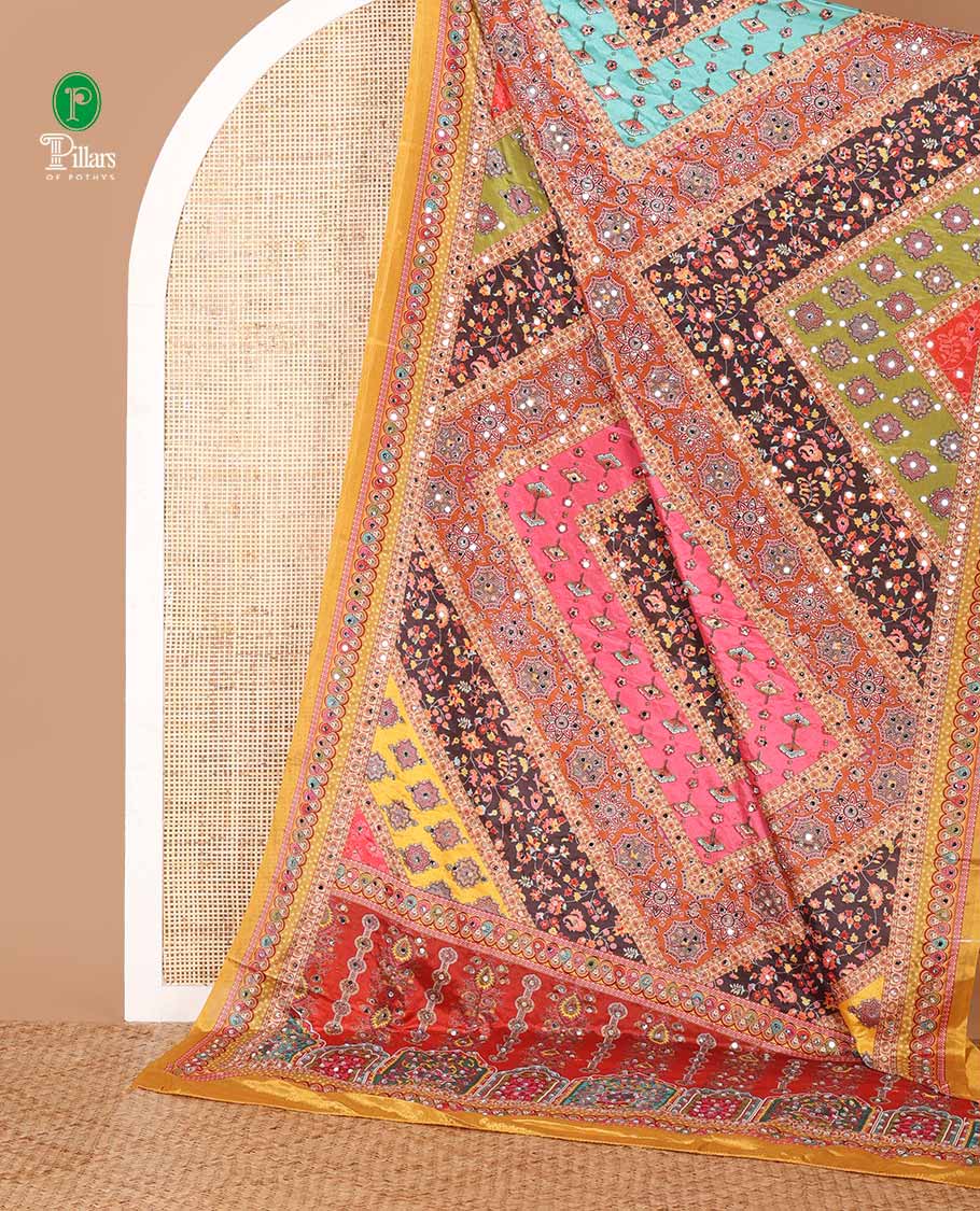 Yellow half-&-half colorful geometric printed & mirror work masakali saree, printed border & pallu, plain blouse - Image 2