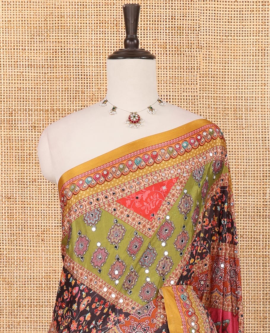 Yellow half-&-half colorful geometric printed & mirror work masakali saree, printed border & pallu, plain blouse - Image 3