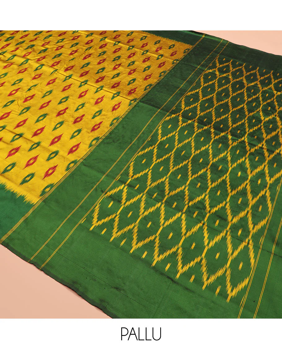 Yellow Ikkat Silk Saree Ornamented with Ikkat Buttas, Featuring a Contrast Plain Border, Complemented by a Pallu Ikkat Woven in an Ogee Pattern - Image 5