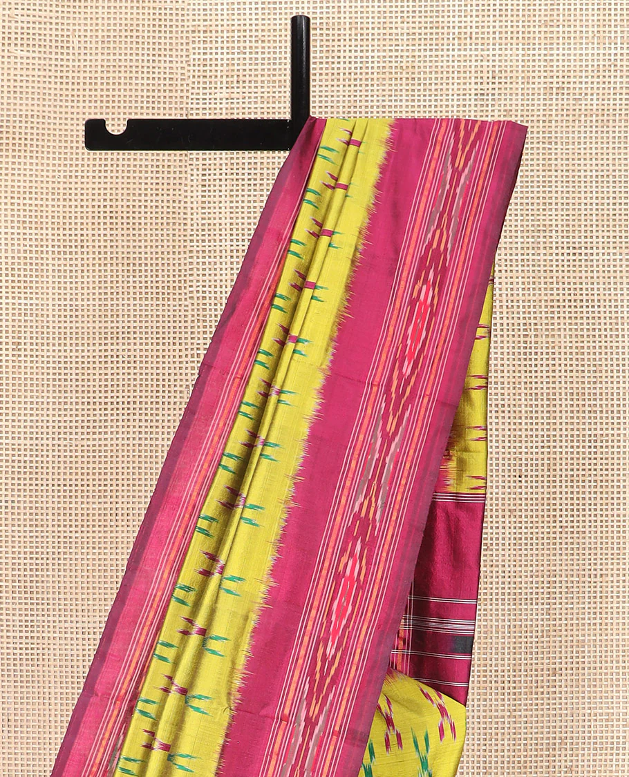Yellow Ikkat Silk Saree with Cross Buttas Across the Body, Highlighted by a Captivating Contrast Ikkat-Textured Border, Featuring a Pallu Designed with Stripes and Ikkat Texture - Image 3