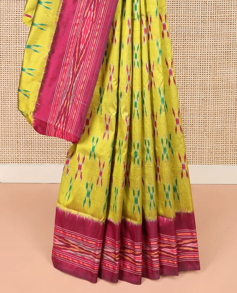 Yellow Ikkat Silk Saree with Cross Buttas Across the Body, Highlighted by a Captivating Contrast Ikkat-Textured Border, Featuring a Pallu Designed with Stripes and Ikkat Texture - Image 4