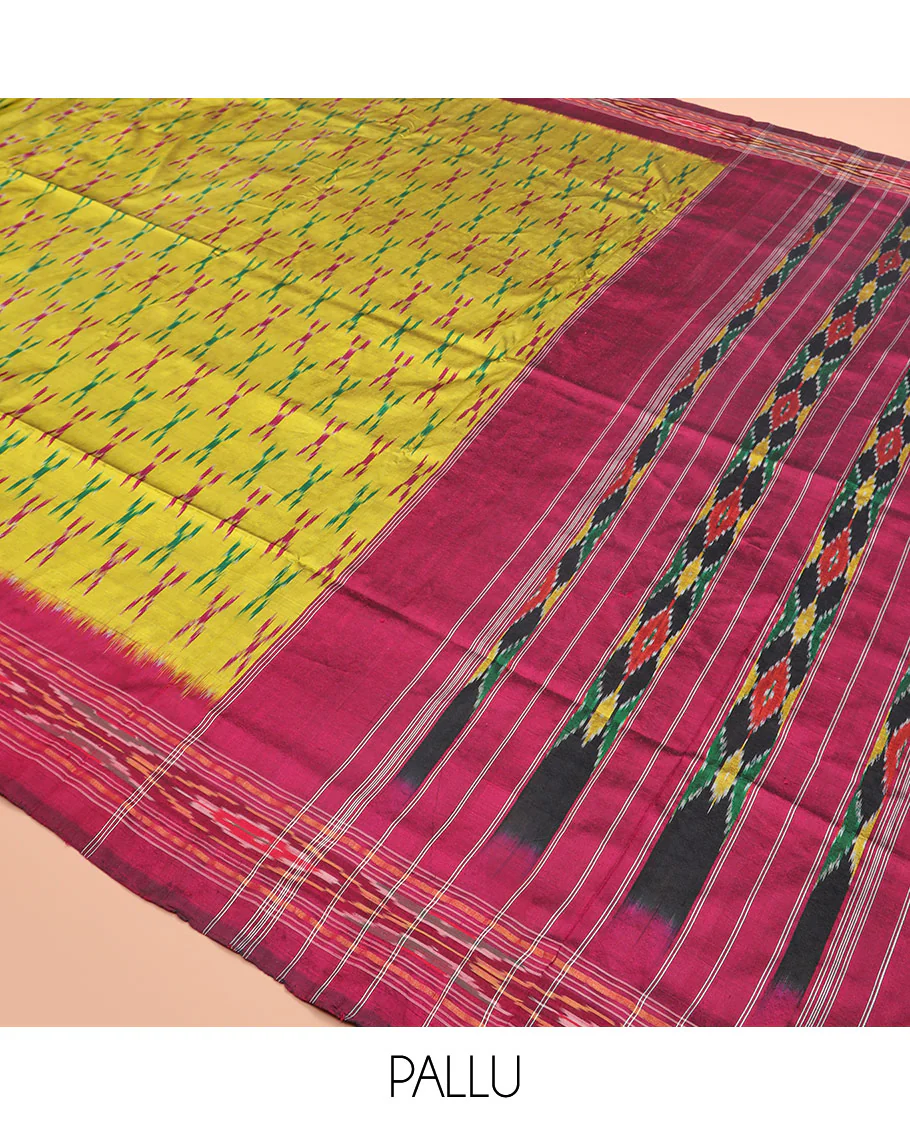 Yellow Ikkat Silk Saree with Cross Buttas Across the Body, Highlighted by a Captivating Contrast Ikkat-Textured Border, Featuring a Pallu Designed with Stripes and Ikkat Texture - Image 5