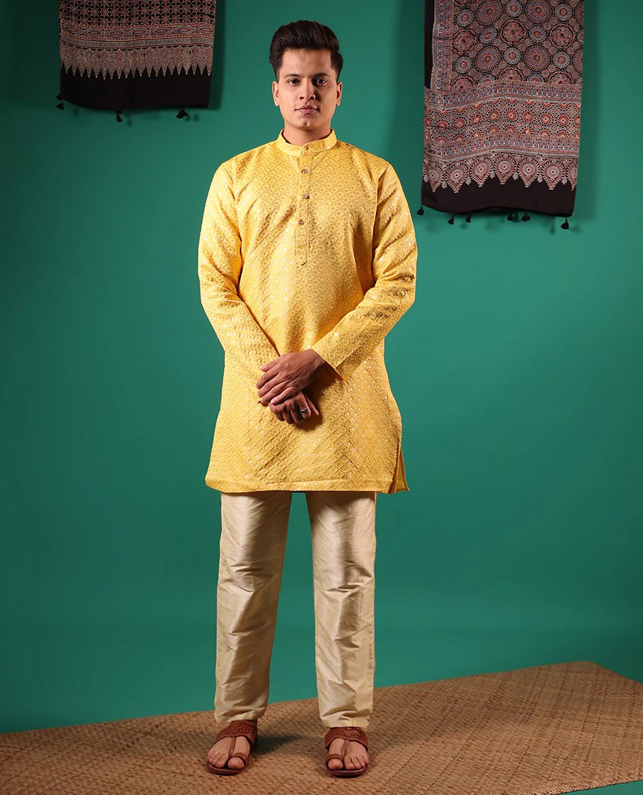Yellow jaal pattern sequins embroidered full-sleeved men's kurta - Image 2