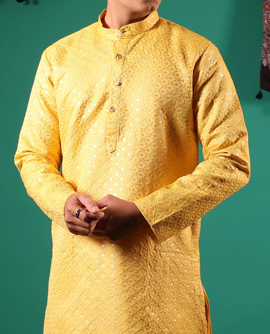 Yellow jaal pattern sequins embroidered full-sleeved men's kurta - Image 4