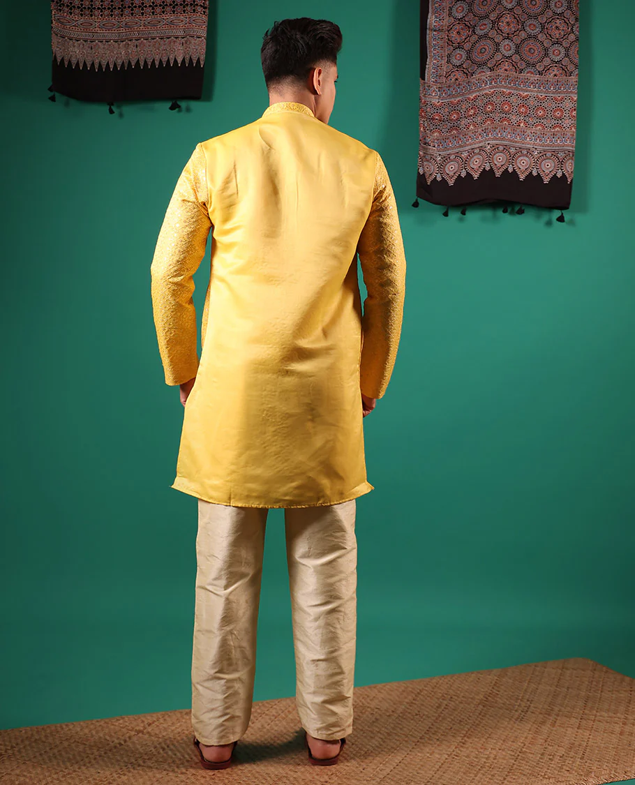 Yellow jaal pattern sequins embroidered full-sleeved men's kurta - Image 5
