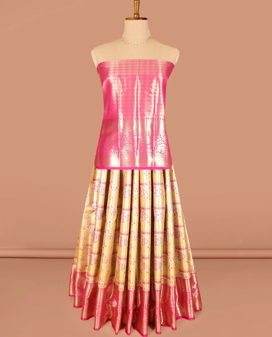 Yellow jacquard art silk half-saree, contrast traditional zari bordered skirt, contrast jacquard blouse, and a contrast paisleys motifs woven dhavani - Image 2