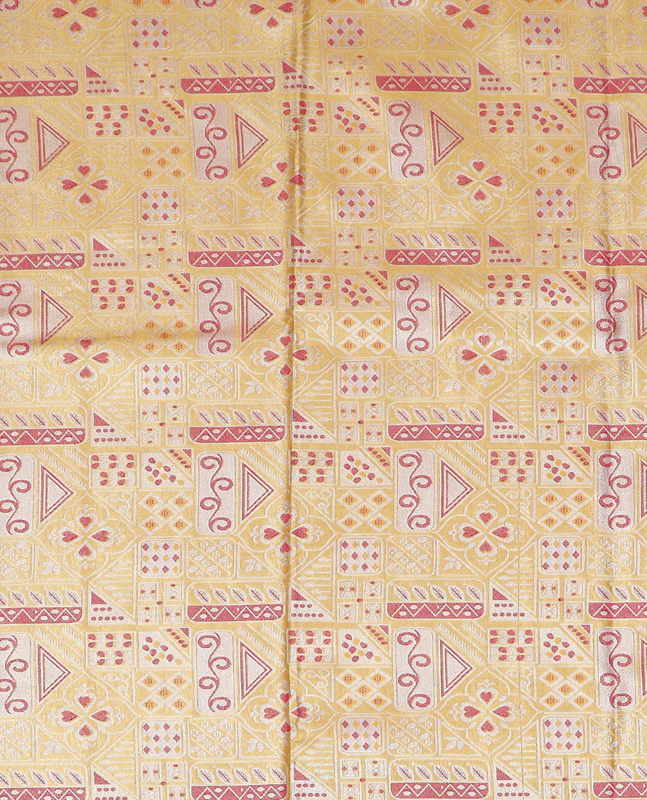Yellow jacquard art silk half-saree, contrast traditional zari bordered skirt, contrast jacquard blouse, and a contrast paisleys motifs woven dhavani - Image 3