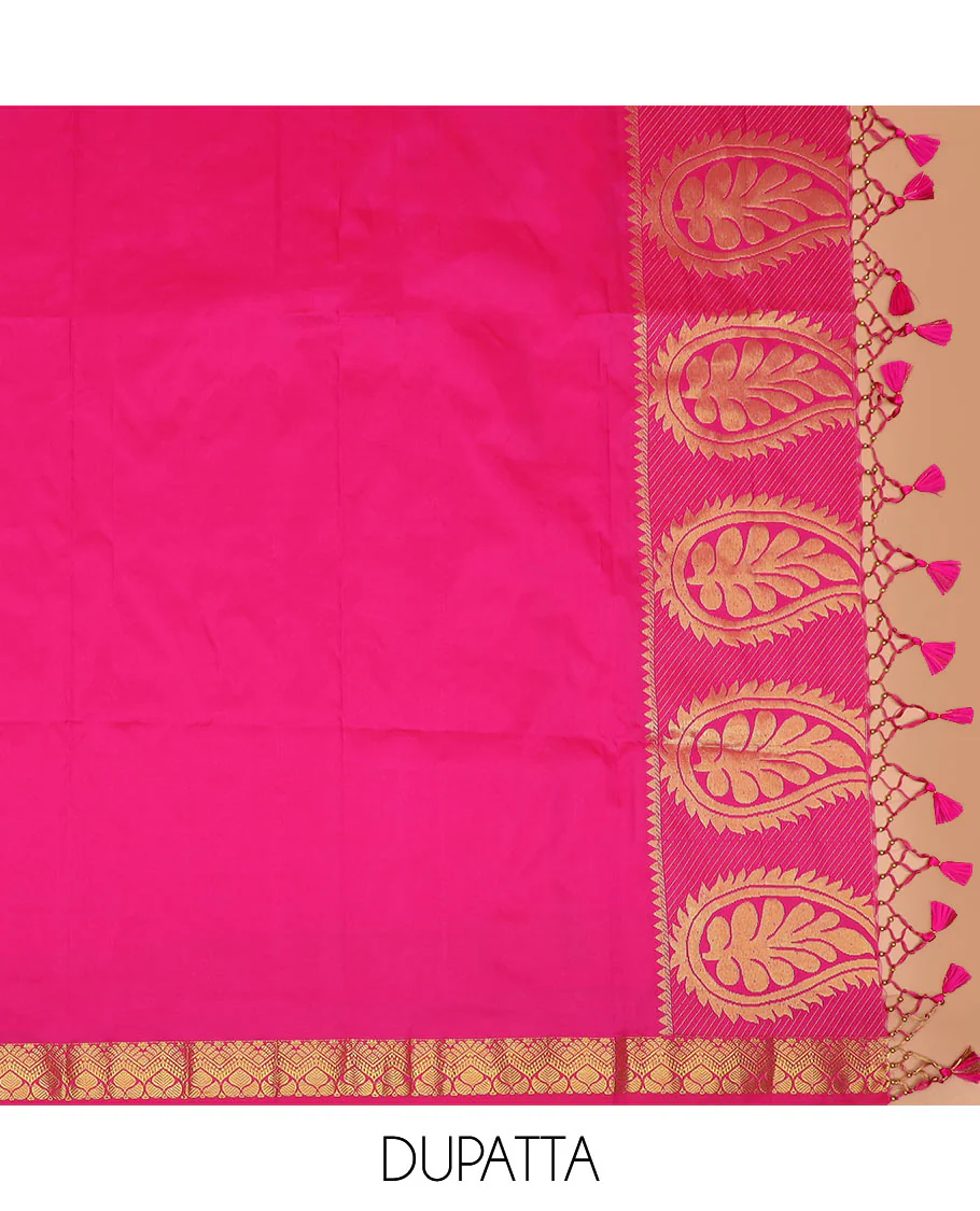 Yellow jacquard art silk half-saree, contrast traditional zari bordered skirt, contrast jacquard blouse, and a contrast paisleys motifs woven dhavani - Image 4