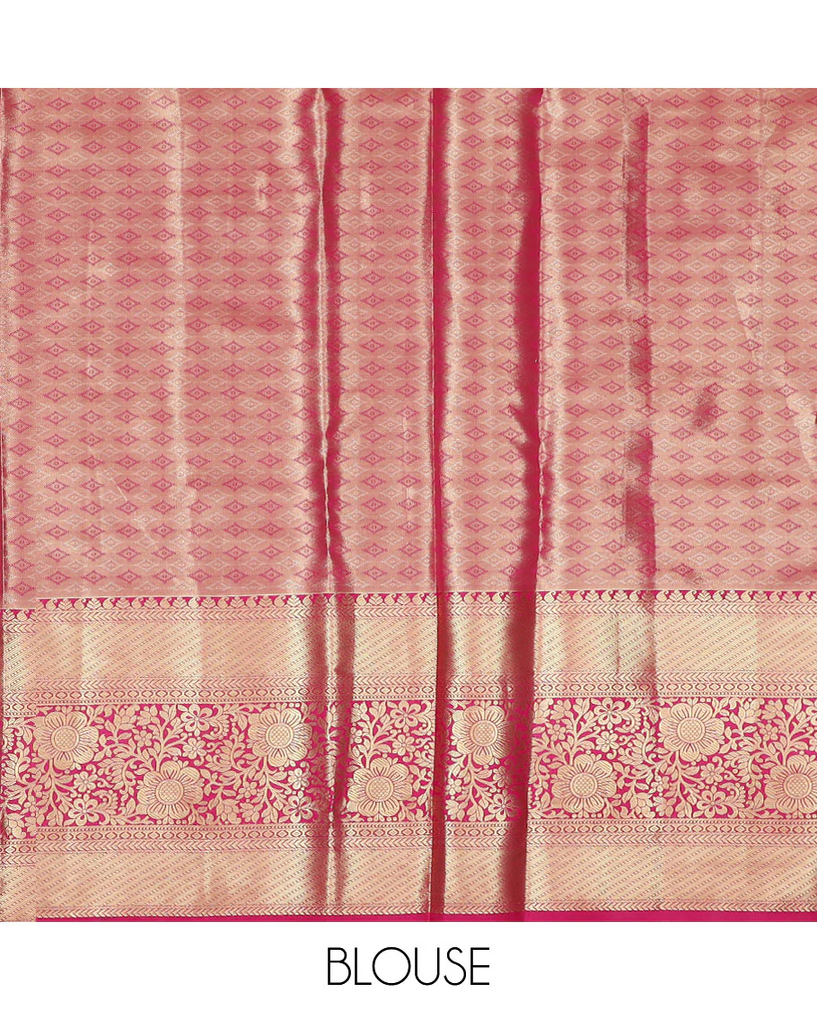 Yellow jacquard art silk half-saree, contrast traditional zari bordered skirt, contrast jacquard blouse, and a contrast paisleys motifs woven dhavani - Image 5
