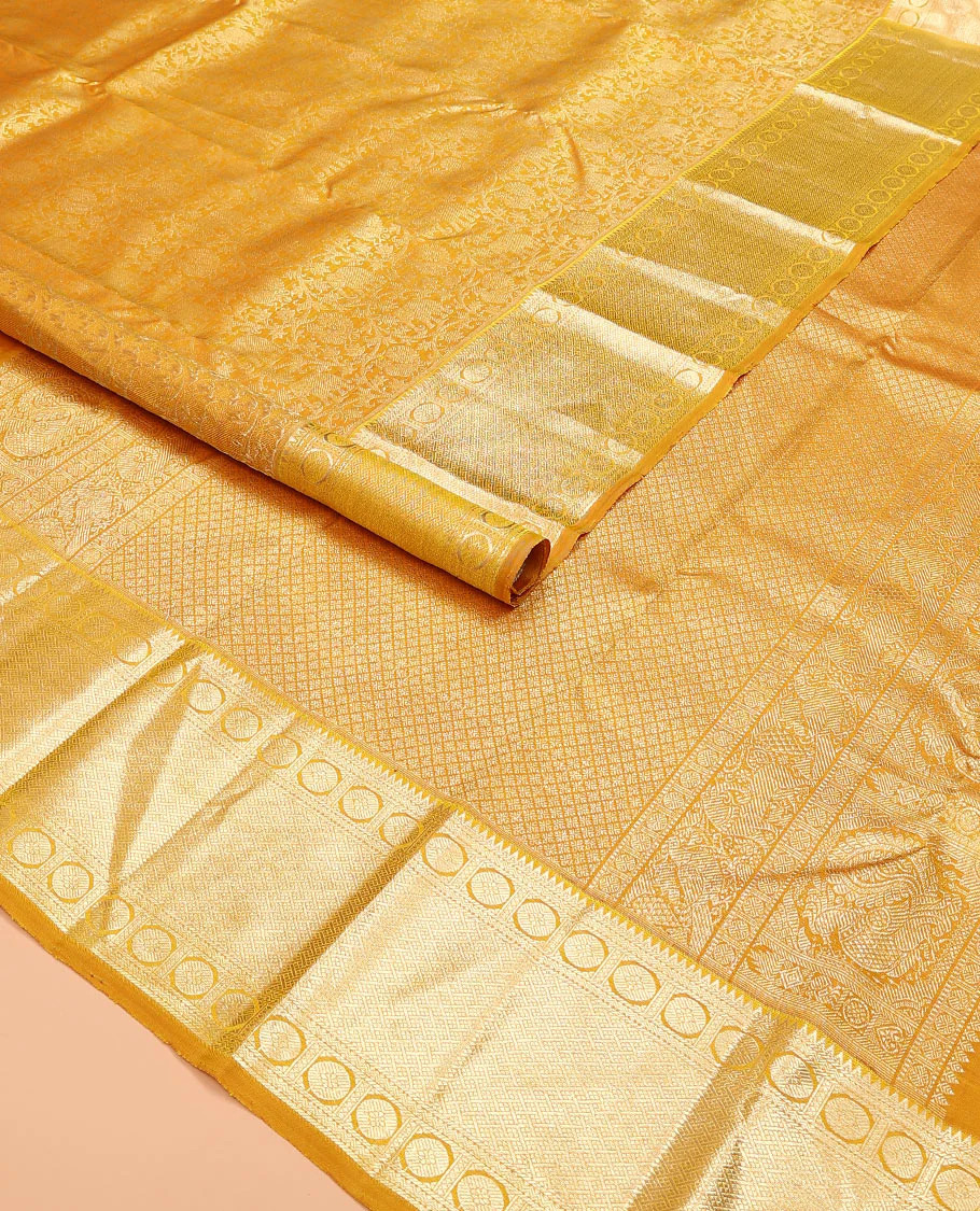 Yellow jacquard kanchipuram silk saree, zari border of rekku, neli, rudraksham, and jaal designs, and jaal pallu - Image 2