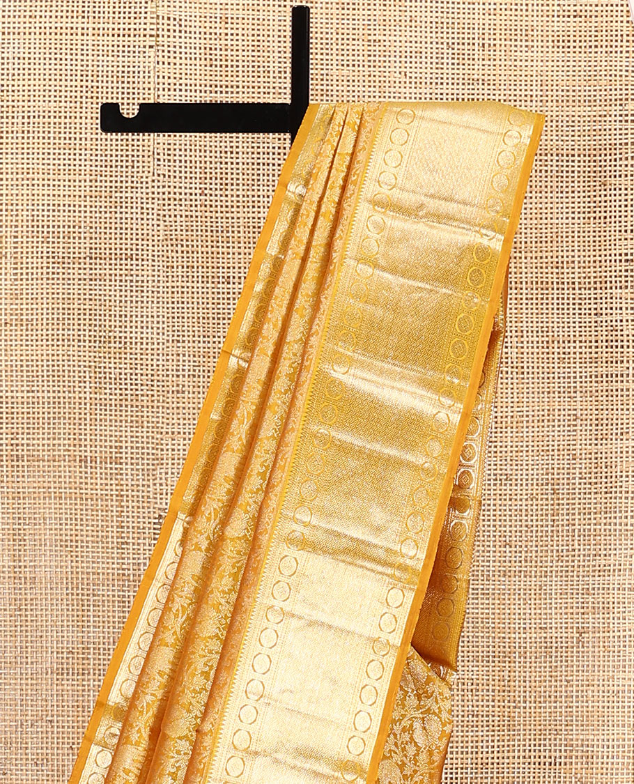 Yellow jacquard kanchipuram silk saree, zari border of rekku, neli, rudraksham, and jaal designs, and jaal pallu - Image 3