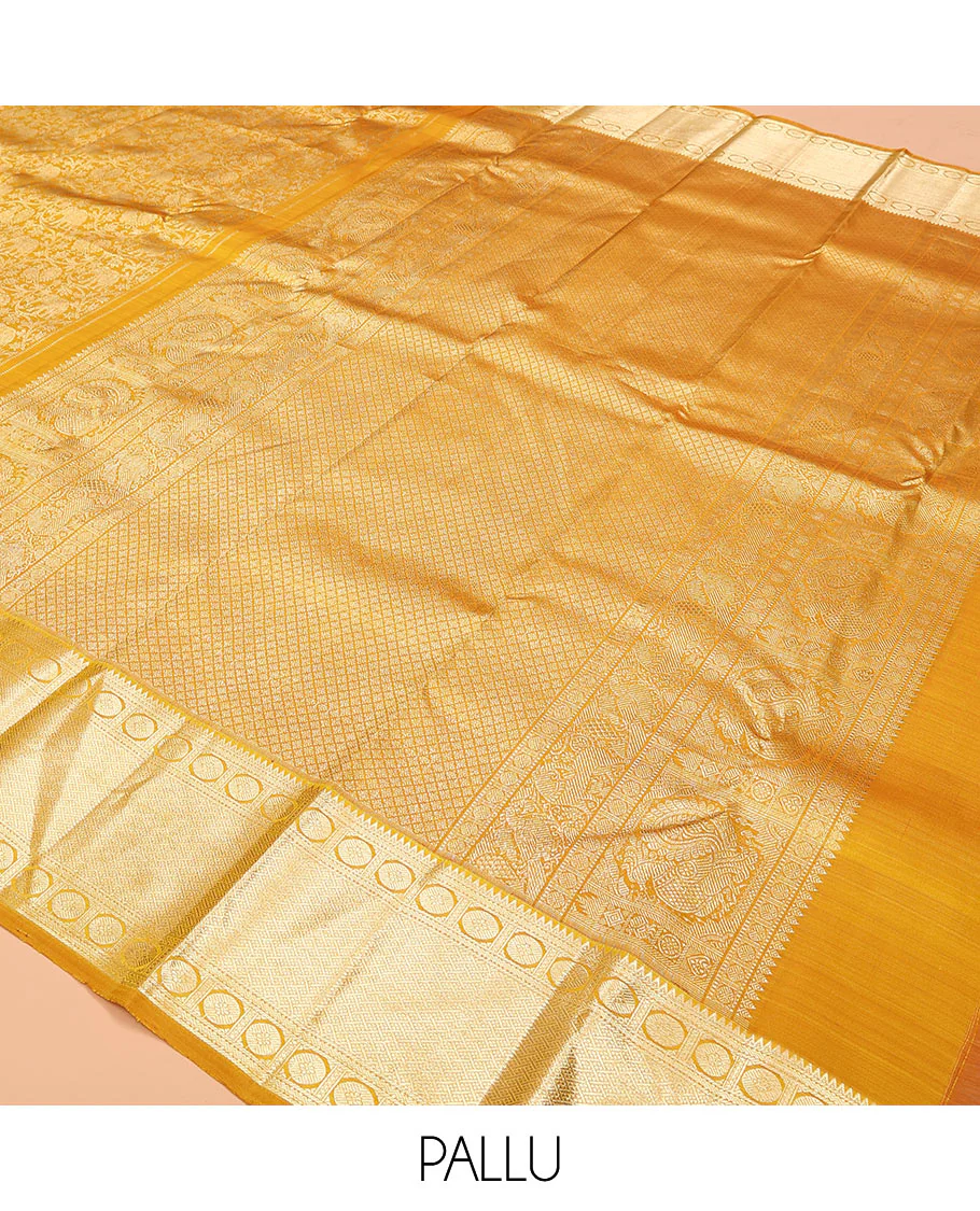 Yellow jacquard kanchipuram silk saree, zari border of rekku, neli, rudraksham, and jaal designs, and jaal pallu - Image 5