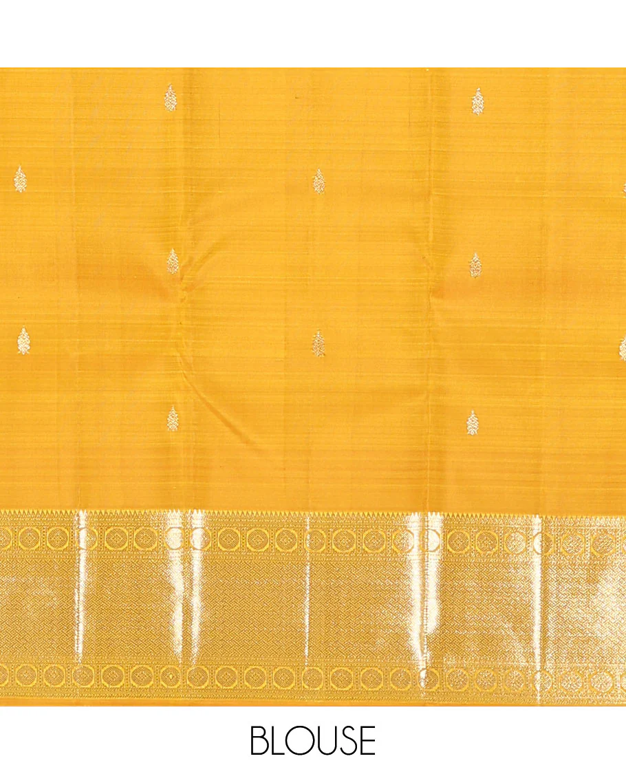 Yellow jacquard kanchipuram silk saree, zari border of rekku, neli, rudraksham, and jaal designs, and jaal pallu - Image 6